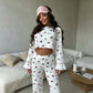 White Base Cherry Size M | Flared Sleeve Ruffle Trim Sleepwear Set | Halloween Daily Casual Gift | All-Match Print Long Sleeve Long Pants Women&