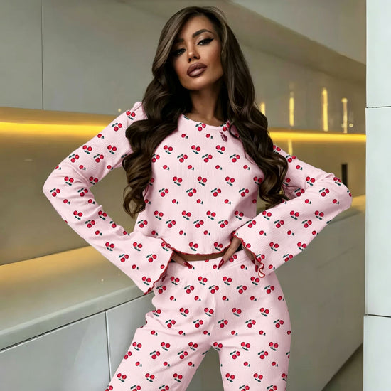 Pink Cherry Size M | Flared Sleeve Cherry Sleepwear Set | Halloween Cute Soft Gift | Gentle Print Long Sleeve Long Pants Women&