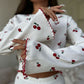 Pink Cherry Size M | Flared Sleeve Cherry Sleepwear Set | Halloween Cute Soft Gift | Gentle Print Long Sleeve Long Pants Women&