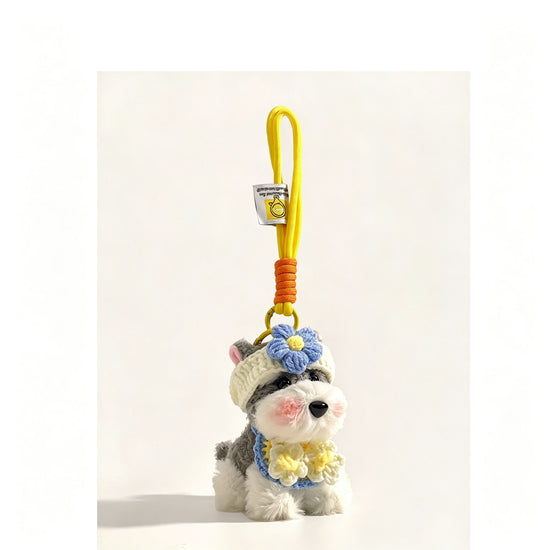 Blue Flower Schnauzer Plush Bag Charm | Christmas Winter Floral Gift | Cute Stuffed Dog Keychain Soft Puppy Pendant for School Bag