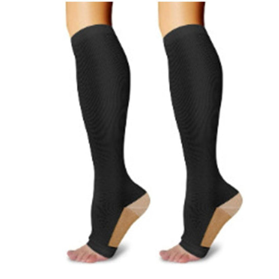 Two-Tone Open Toe Black Compression Calf Socks Size L/XL (39-42) | Halloween Edgy Stylish Gift | Two-Tone Black Calf Compression Socks for Sports & Street Wear