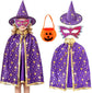Witch Halloween Costume for Kids, Purple Cloak Cape with Hat, Pumpkin Bag and Eye Mask, Fancy Dress for Carnival