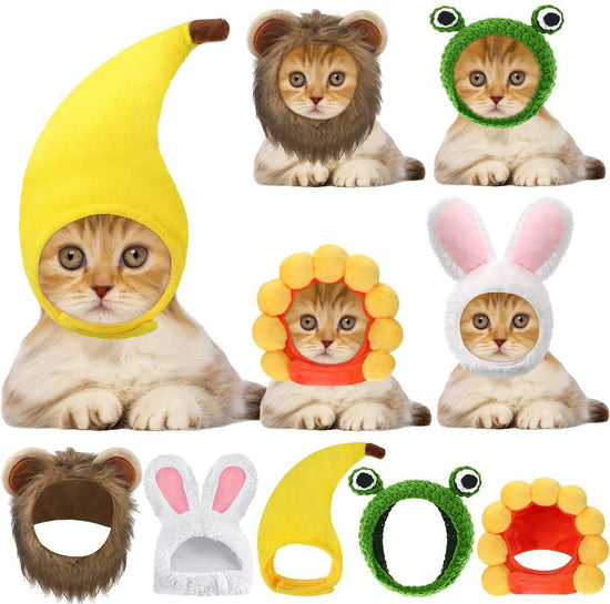 Cat Costume Hats Set of 5, Cute Lion Mane Bunny Banana Frog Sunflower Design Pet Headwear for Cats and Small Dogs, Halloween Party Dress Up Accessory, Soft Warm Material