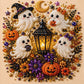 DIY Halloween Diamond Painting Art Kit, Highland Cow Ghost Pumpkin Pearl Bead Painting 20×20cm, Pre‑Stretched Canvas Frame, Plastic Sealed Package with Complete Tool Accessories