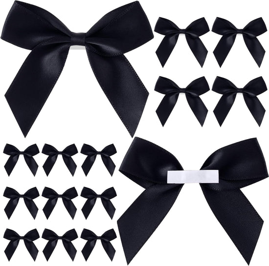 15pcs Self-Adhesive Mini Black Bows, 2.83×2.56in Premade Satin Ribbon Bows, Double-Sided Tape Stick on Bowknot Christmas Halloween DIY Wrapping Decorations for Birthday Parties Weddings