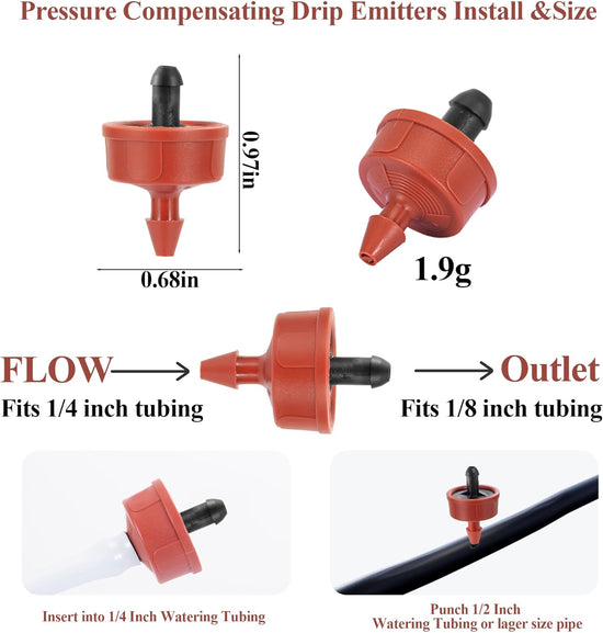 60Pcs 1 GPH Pressure Compensating Irrigation Spot Drippers,Constant Flow Barb Outlet Watering Dripper Emitters Heads Parts for 1/4 Inch Watering Tubing Line for Garden Pots Plants Irrigation Systems