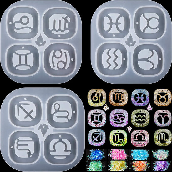 3 Pieces Zodiac Signs Keychain Resin Molds Silicone with Hole Constellation Sign Pendant Silicone Epoxy UV Resin Mold for DIY Keychain Pendant Jewelry Making, 8 Colors Holographic Glitter Sequins