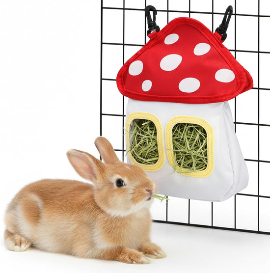 Bunny Hay Feeder Bag, Cute Mushroom Hanging Holder, Durable Dispenser with 600D Oxford Fabric for Guinea Pigs Chinchillas Hamster, Small Animal Cage Accessories