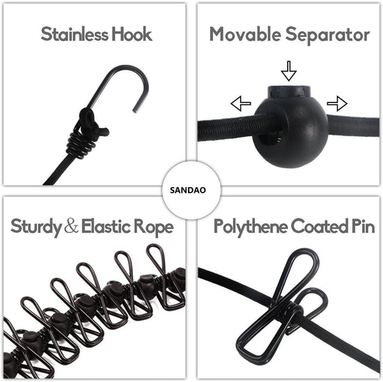 Portable Travel Clothesline, Adjustable Elastic Camping Retractable Clothesline with 12pcs Clips for Outdoor and Indoor Use (Black) Black