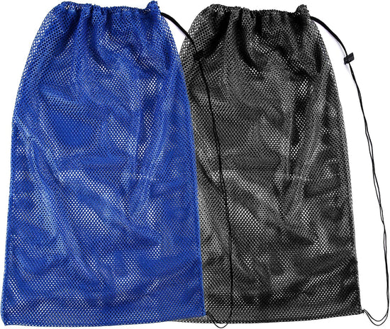 2 Packs Mesh Gear Bag for Snorkel Equipment, Oversized 18" x 27" Dive Scuba Diving Backpack Snorkeling, Fins, Swimming Gear, Beach and Sports Equipment (Black & Blue)