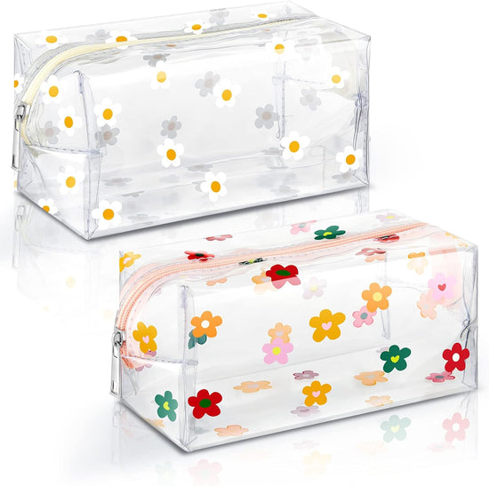 2 Pack Cute Flower Makeup Bags Daisy Zipper Pouches Floral Pencil Pouch Portable Toiletry for Women Travel Vacation Bathroom School Organizing(Daisy)