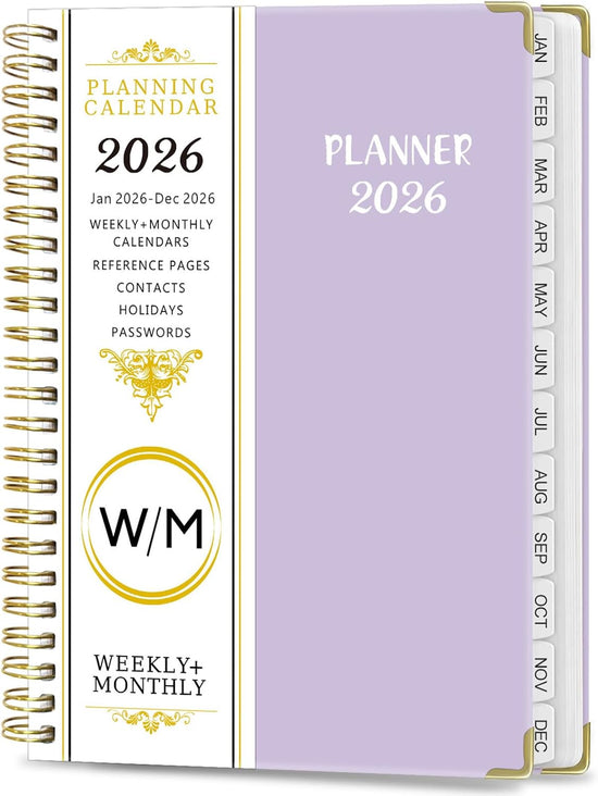 2026 Weekly and Monthly Planner, Jan-Dec, Spiral-Bound with Tabs, Inner Pocket, 6.2" x 8.5" Year Planner Calendar (Purple, 8.5")
