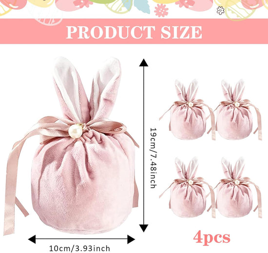 Easter bags with drawstring, 4 pieces of velvet Easter bags, ear-shaped Easter bags, for filling, for candy, cookies, snacks pink