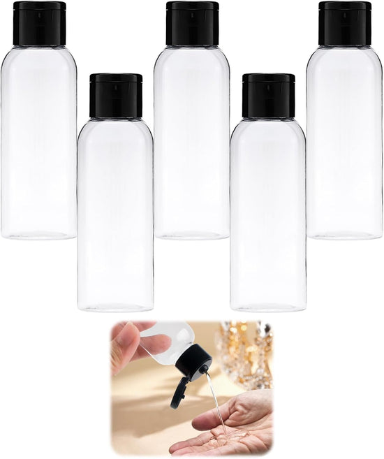 5-piece travel bottle set with flip-cap, 60 ml refillable plastic bottles, empty dispenser for shampoo, travel size, lotion, essential oils, makeup remover, transparent and leak-proof