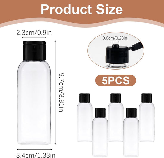 5-piece travel bottle set with flip-cap, 60 ml refillable plastic bottles, empty dispenser for shampoo, travel size, lotion, essential oils, makeup remover, transparent and leak-proof