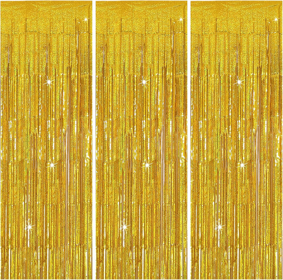 3 Pack Gold Backdrop Birthday Decorations Foil Curtain Streamers Dance Party Photo Booth Props for Bachelorette Christmas Halloween New Years Eve Supplies -