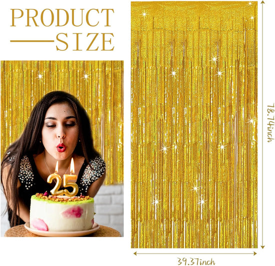 3 Pack Gold Backdrop Birthday Decorations Foil Curtain Streamers Dance Party Photo Booth Props for Bachelorette Christmas Halloween New Years Eve Supplies -