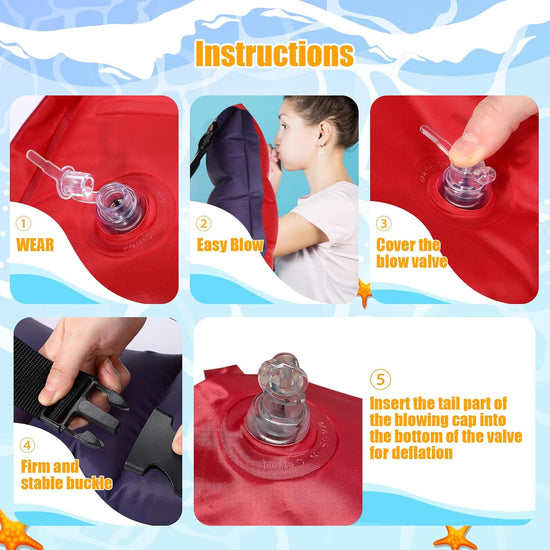 Inflatable Swim Belt Pool Flotation Portable Waist Floatation Aid for Adults Adjustable Training with Buckle and Rope Swimming Beginners Red Blue
