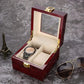 Wooden Watch Box, 2 Slots Storage Case Organizer Beige Soft Flannel Lining Red Box for Men with Clear Lid