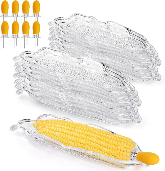 18 Pcs Corn Dish Set, Clear Plastic Tray with 8 Cob Holders, Transparent on The Dinnerware Barbecue Service Stainless Steel Skewer Needle for Sweet Butter