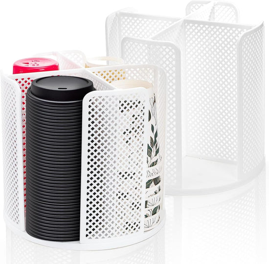 2 Pack Paper Cup & Lid Holder, Rotating Coffee Cups Dispenser with 4 Compartments, Plastic Disposable Storage Organizer for Countertop Bathroom Station Bar Kitchen Office (White)
