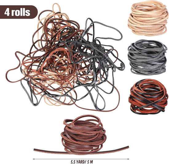 Cowhide rope - 4 rolls - 3mm - 5 meters - Real leather rope - Natural edge strip - Braided rope - Leather strip - DIY jewelry accessories - Braided bracelet - Handbag - 4 colours
