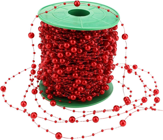 Artificial pearl beads necklace - Pearl beads - Suitable for light blue weddings, bridal bouquets, DIY crafts, table decorations, Christmas decorations - Bright red - 60 meters
