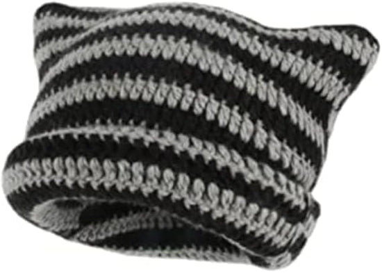 Kitten Hat - Cat Ear Hat - Black, White and Grey - Knitted Beanie - Rimless Beanie - Vintage - Ladies&