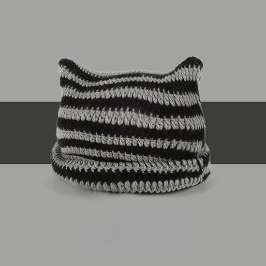 Kitten Hat - Cat Ear Hat - Black, White and Grey - Knitted Beanie - Rimless Beanie - Vintage - Ladies&
