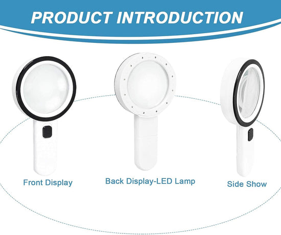 Magnifying glass with 12 LED lights - 30x double glass lens - hand-held illuminated magnifier Suitable for seniors - reading stamps, cards, researching macular degeneration