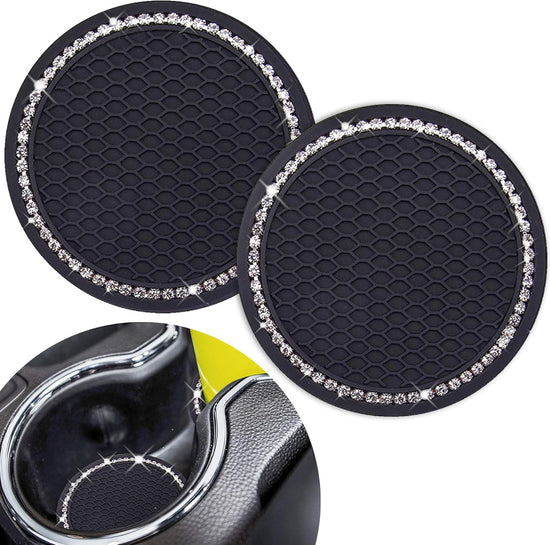 Nice car coasters 2 pieces Universal car cup holder inserts Coasters 2-75 inch Silicone non-slip sparkling crystal diamond Car accessories for women and ladies (black background with white diamonds)