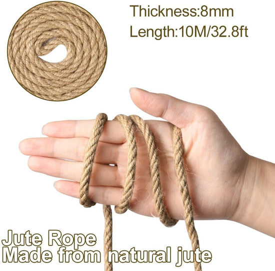 10m jute rope - 8mm thick jute rope - naturally braided jute garden rope for cat scratching post rope - gardening - camping - decoration - gift wrapping and craft decoration (brown)