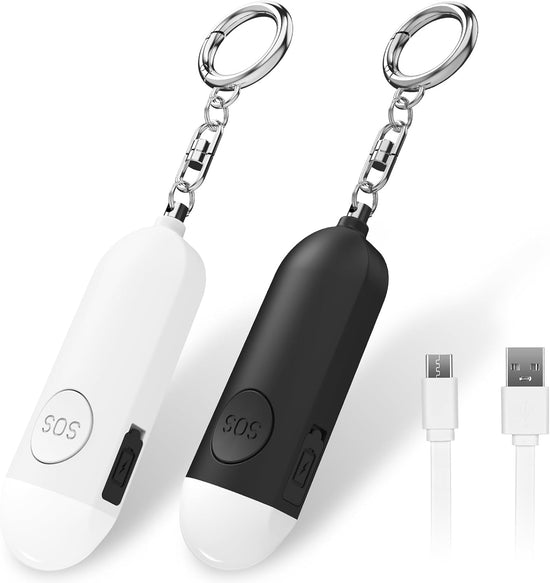 Alarm - Torch - 2-pack - 130dB - Personal alarm - Security alarm - Rechargeable - Emergency siren - with LED light - Keychain - (Black & White)