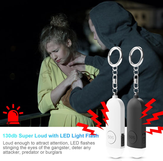 Alarm - Torch - 2-pack - 130dB - Personal alarm - Security alarm - Rechargeable - Emergency siren - with LED light - Keychain - (Black & White)