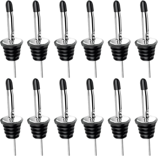 Wine bottle pourer - 12-pack stainless steel - quick bottle dispenser with conical spout and rubber dust cap for wine and spirits bottles