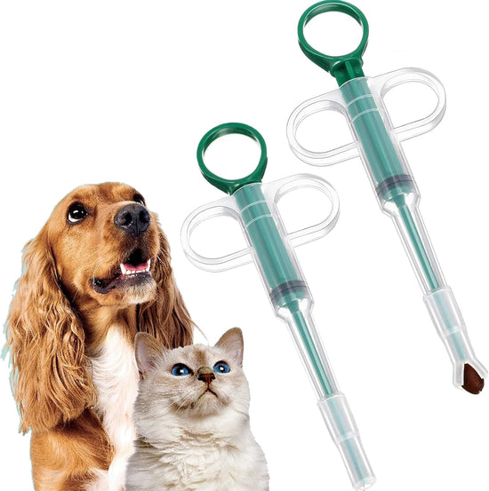 Two-piece set with pet pill poppers, cat pill poppers and cat pill dispensers. Reusable cat pill poppers. Green pill poppers with soft tips for safety and reliability. Handy for both cats and dogs.
