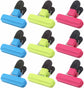 Set of 9 food clips - sturdy, airtight, reusable in 3 colours to keep food fresh - perfect for home, the kitchen, travelling and camping