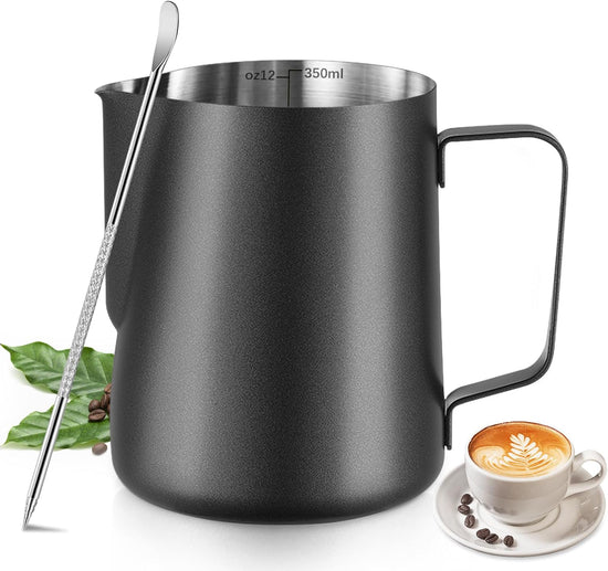 Melkopschuimpot - 350 ml stainless steel milk frothing jug for milk, coffee, cappuccino, latte art, barista frothing jug with decorative pen [black]