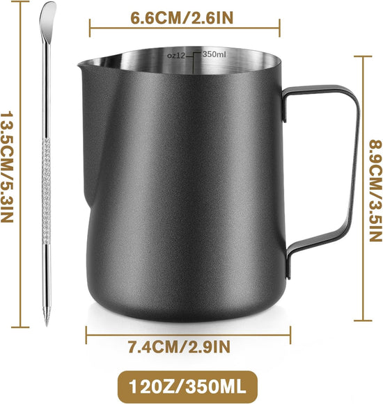 Melkopschuimpot - 350 ml stainless steel milk frothing jug for milk, coffee, cappuccino, latte art, barista frothing jug with decorative pen [black]