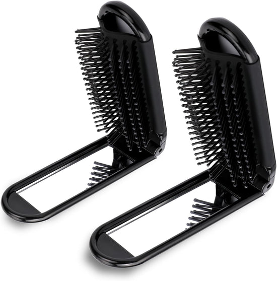 2 pieces of foldable hairbrush - portable travel hairbrush with pocket-sized mirror, anti-static mini hairbrush - small compact massage comb, hair styling tool - for women, girls, home, travel, gym, purse (black)