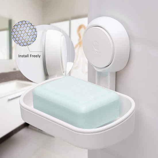 Shower soap caddy, holds up to 3 kg, bathroom, soap dish with suction cup, wall mount, waterproof, no drilling needed, removable shower storage box with suction cup, sponge holder, white plastic