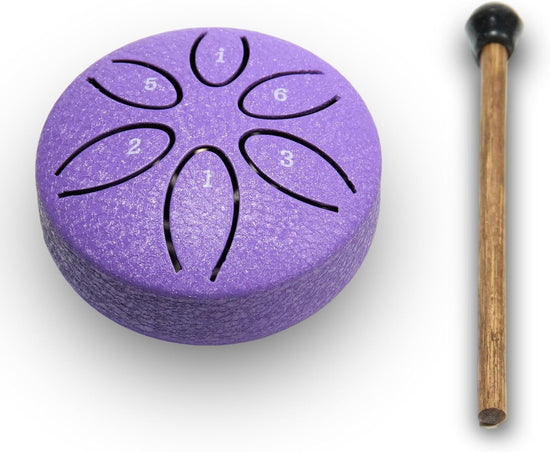 Ethereal Drums - Mini Steel Tongue Drum Kit - for sound healing, meditation and yoga - 3" 6-note - Great for beginners and relaxation - Lavender Purple - Mallets + Tabs + Bag