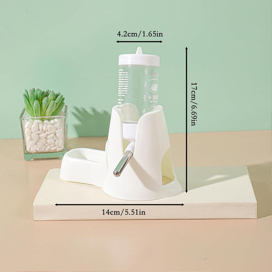 White hamster water bottle with standard, food bowl base, automatic water dispenser, suitable for dwarf hamsters, gerbils and other small animals.