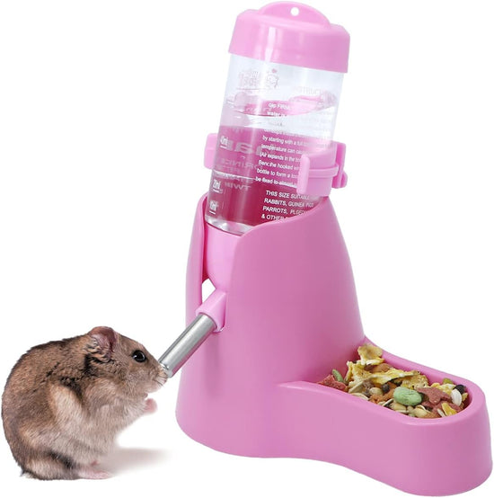 Water bowl for small animals - 3-in-1 hanging water bottle for hamsters - Automatic pet water bowl with stand - Suitable for dwarf hamsters, mice, rats and hedgehogs (80 ml - Pink)