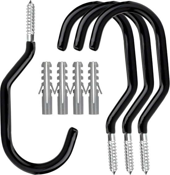 Heavy Duty Bike Hooks - 4-pack - Garage - Ceiling - Wall - Screw Mount - Bike Rack - Bicycle Storage and Hanging - Wall Mount - Black