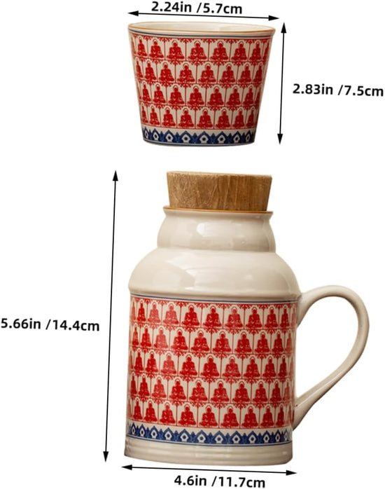 Ceramic teapot set with teacups - white body with red patterns and blue rim - cork stoppers - traditional style - 460 ml