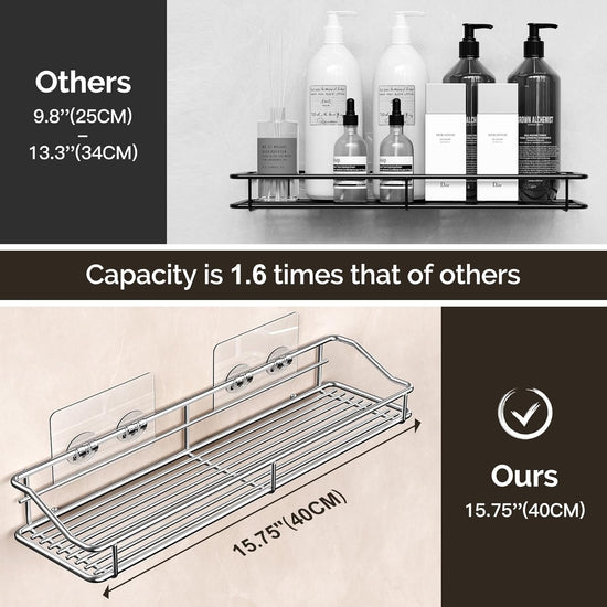 Storage rack for the bathroom, shower and kitchen - uses traceable transparent glue - no drilling required - stainless steel SUS304 - 15.75 inches - silver