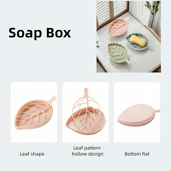 Soap dish set in leaf shape - soap dish and draining rack with double layer leaf design - removable wall-mounted storage rack suitable for showers - no drilling required (light green/blue/pink)