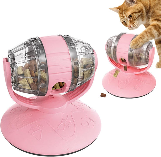 Shady cat in the shape of a beer barrel that slowly feeds food - Educational plastic snack box - Promotes intellectual development (pink)