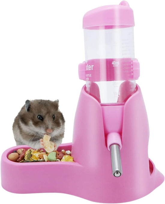 Water bowl for small animals - 3-in-1 hanging water bottle for hamsters - Automatic pet water bowl with stand - Suitable for dwarf hamsters, mice, rats and hedgehogs (80 ml - Pink)
